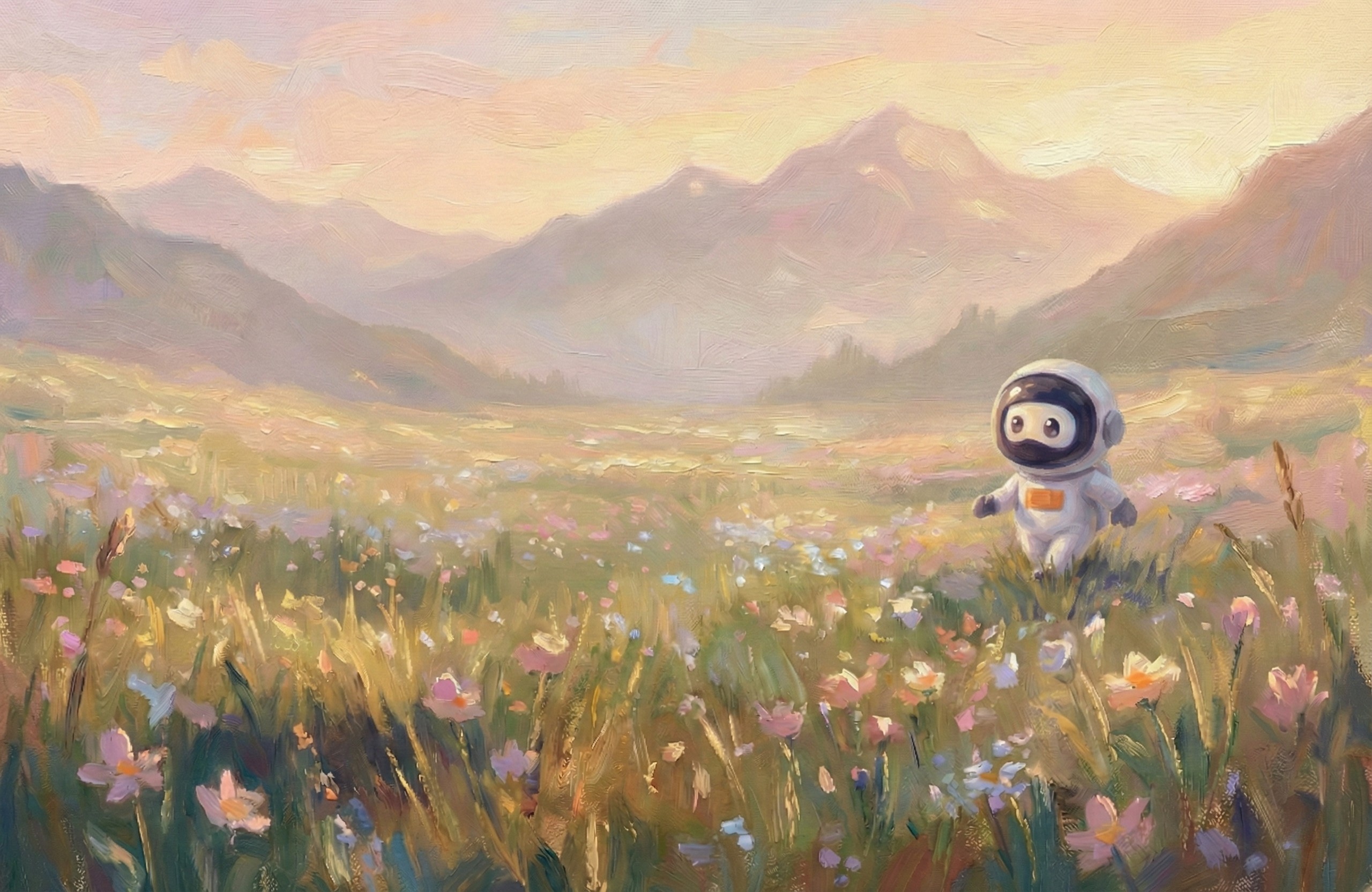 Luna går genom en blommande äng i ett mjukt bergslandskap.